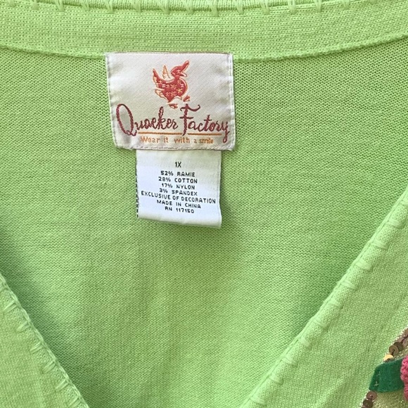 Vintage Quaker Factory long Cardigan 1X green sequence flower butterfly eclectic - Picture 11 of 16